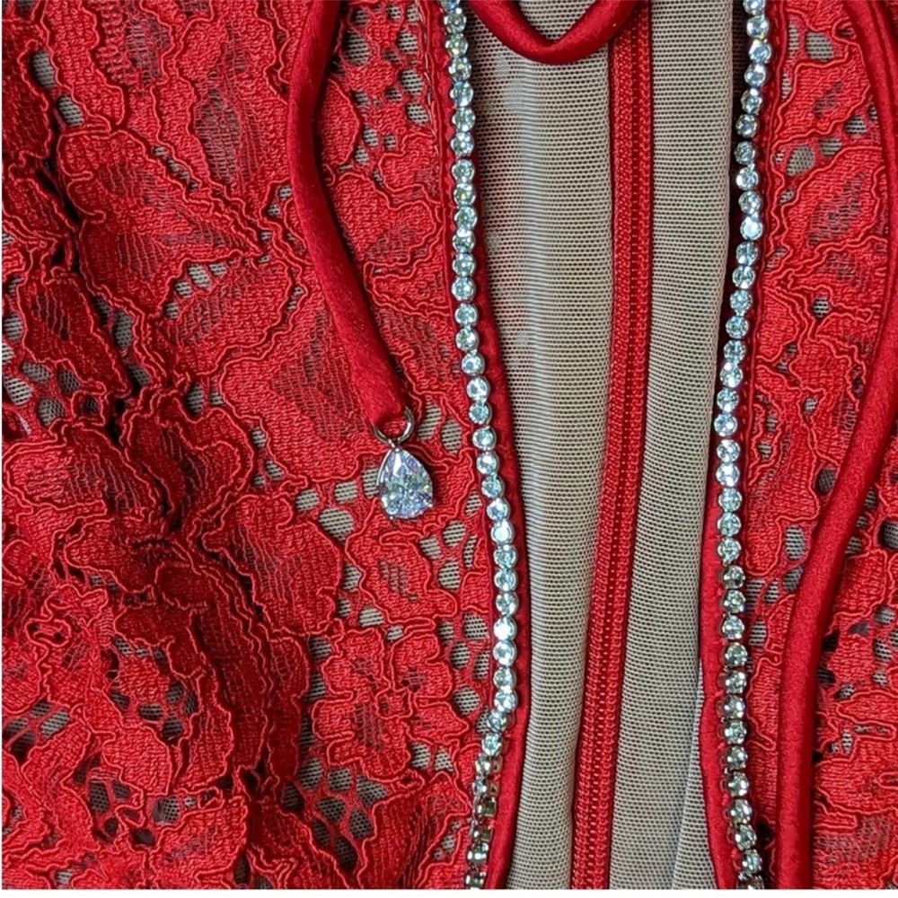 NEW House of CB Lisandra Lace Maxi Dress Red Crystal Trim Cutout Long Sleeve XS - Picture 7 of 15